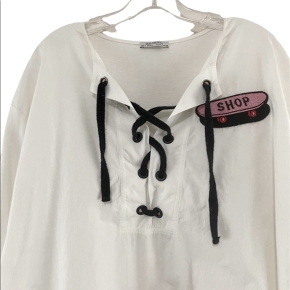 Zara Trafaluc Patch Shirt Size L Lace-Up Neckline Oversized Boxy - Picture 3 of 8